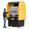 A photograph of an IBC Outdoor Shed with rolltop door being opened using the included reach pole.  IBC not included.