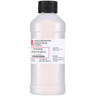 A photograph of a 250 mL  bottle of 10 µS/cm conductivity standard.