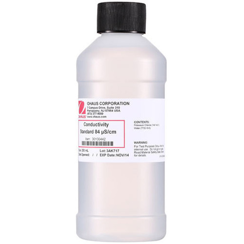 A photograph of a 250 mL  bottle of 10 µS/cm conductivity standard.