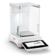 Photograph of Ohaus Explorer Plus® Precision Balance, right facing, with draft shield closed.