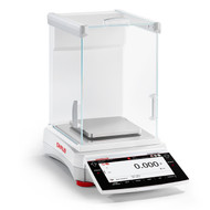 Photograph of Ohaus Explorer-EXR® Precision Balance, right facing, with draft shield closed.