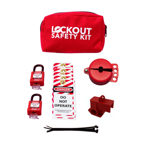 A photograph showing the contents of the Laboratory  Valve Lockout Device Kit for Standard and Needle Valves as described in the product description.