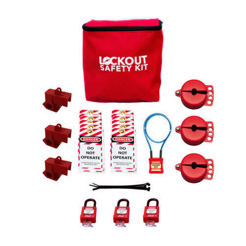 A photograph showing the contents of the Laboratory  Valve Lockout Device Deluxe Kit for Standard and Needle Valves as described in the product description.