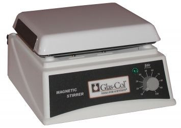 A photograph from the front of a 20951 glas-col laboratory magnetic stirplate, 7.5 x 7.5 top.