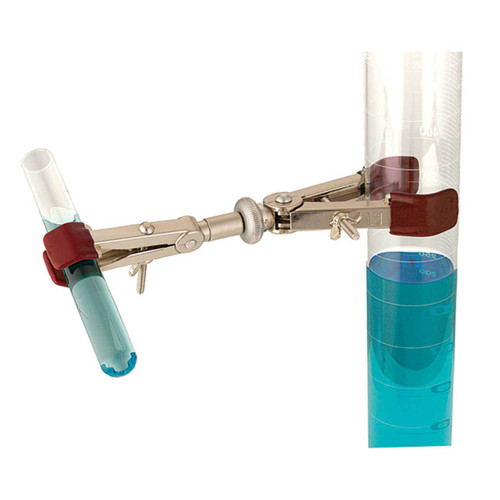 Photograph of a Double Jaw Laboratory Utility Clamp holding two test tubes (not included).