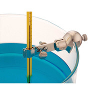 Photograph of a Small Water Bath Clamp attached to water bath, holding a thermometer ( not included).