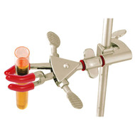 Photograph of a 3-prong dual adjust swivel clamp holding a test tube on a rod (not included).