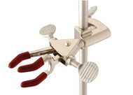 Photograph of a nickel-plated zinc 3-prong dual adjust fixed position clamp on a rod (not included).