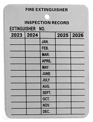 Metal fire extinguisher tag with "Fire Extinguisher Inspection Record" and "Extinguisher No _____" header plus room for four years of monthly inspections 2023 through 2026