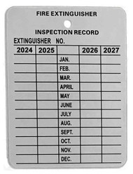 Metal fire extinguisher tag with "Fire Extinguisher Inspection Record" and "Extinguisher No _____" header plus room for four years of monthly inspections 2024 through 2027