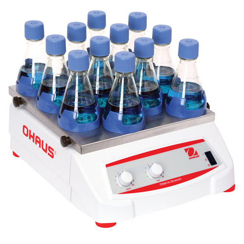 Photograph of Ohaus Analog Heavy Duty 19 mm Orbital Shaker, 16 kg Capacity, right facing, holding 12 Erlenmeyer flasks.  Clamps and flasks sold separately.