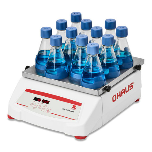 Photograph of Ohaus Digital Heavy Duty 19 mm Orbital Shaker, 16 kg Capacity, left facing, holding 12 Erlenmeyer flasks.  Clamps and flasks sold separately.