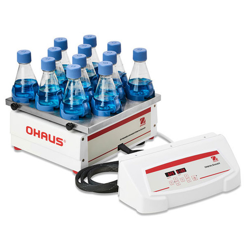 Photograph of the Ohaus Extreme Environments Digital Shaker, right facing, holding Erlenmeyer flasks (sold separately).