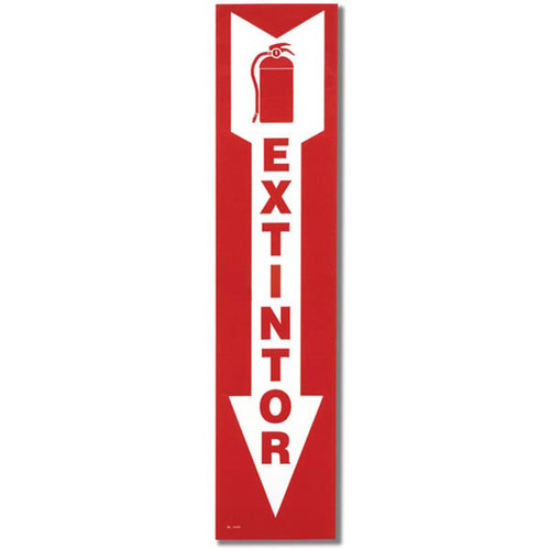 Picture of the EXTINTOR Spanish Fire Extinguisher Sign w/ Arrow, 4" x 18", Self-Adhesive. 