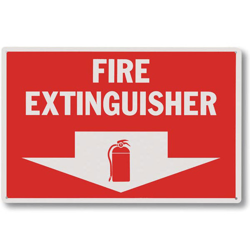 Picture of a Rigid plastic fire extinguisher sign w/ arrow and icon, 12"w x 8"h.