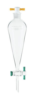 A photograph of a cg-1742-t squibb separatory funnel with ptfe stopcock and ptfe stopper.