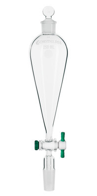 A photograph of a cg-1750 squibb separatory funnel with ptfe stopcock and standard taper stem.