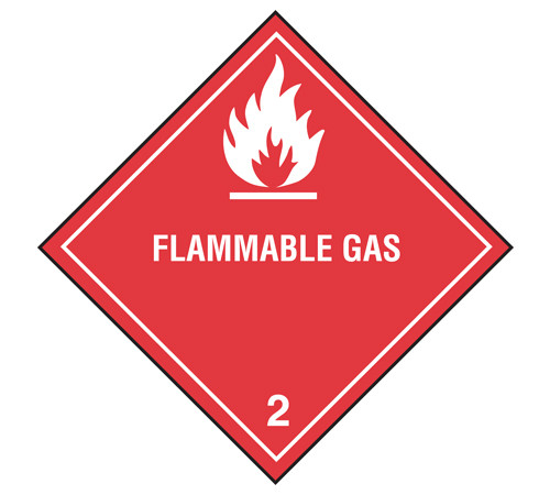 A photograph of a 03022 class 2 flammable gas dot shipping labels, with 500 per roll.
