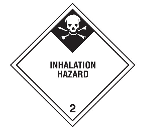 A photograph of a 03028 class 2 inhalation hazard dot shipping labels, with 500 per roll.