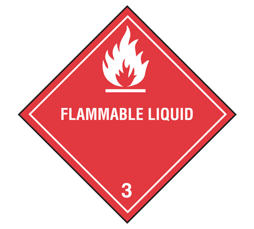 A photograph of a 03032 class 3 flammable liquid dot shipping labels, with 500 per roll.