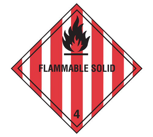 A photograph of a 03036 class 4 flammable solid dot shipping labels, with 500 per roll.