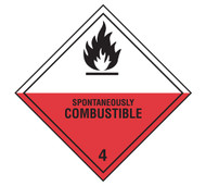 A photograph of a 03034 class 4 spontaneously combustible dot shipping labels, with 500 per roll.