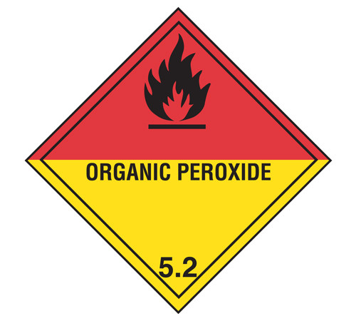 A photograph of a 03042 class 5 organic peroxide dot shipping labels, with 500 per roll.
