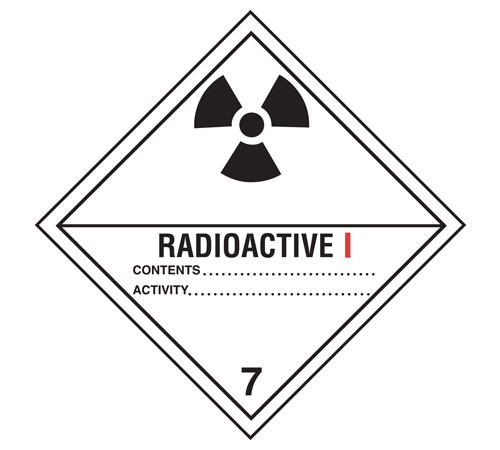A photograph of a 03056 class 7 radioactive i dot shipping labels, with 500 per roll.