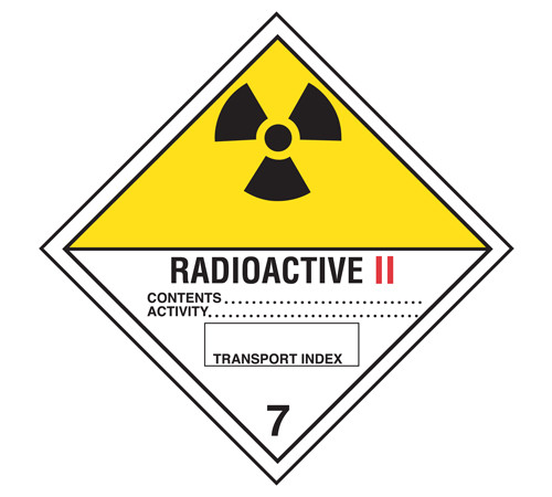 A photograph of a 03058 class 7 radioactive ii dot shipping labels, with 500 per roll.