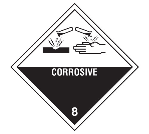 A photograph of a 03060 class 8 corrosive dot shipping labels, with 500 per roll.