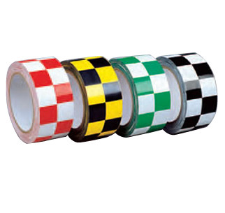 A photograph showing four rolls of checkerboard laminated tape. From left to right: red/white, yellow/black, green/white, black/white.
