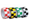 A photograph showing four rolls of checkerboard laminated tape. From left to right: red/white, yellow/black, green/white, black/white.