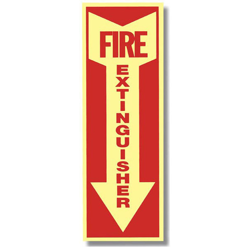 Picture of a Glow in the dark fire extinguisher sign w/ arrow, short, 4"w x 12"h vinyl.