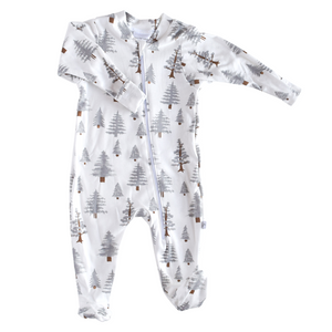 Organic Zip Footie - holiday trees (gray)