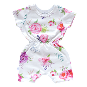 Cinched Waist Sleeved Romper -  peony