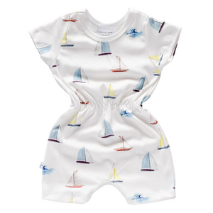 Cinched Waist Sleeved Romper -  sailboats
