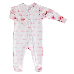 Personalized Zip Footie - cherry blossoms
