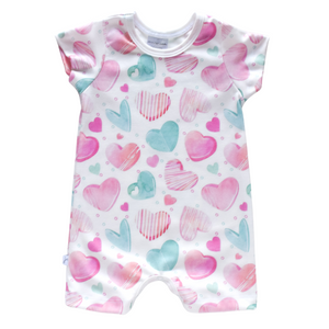 Shorts Romper - pink/seafoam hearts