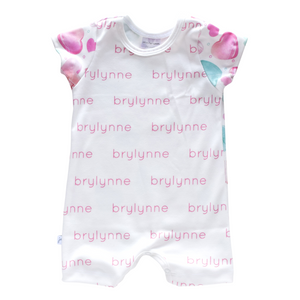 Personalized Shorts Romper - pink/seafoam hearts