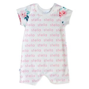 Organic Personalized Shorts Romper - teal bouquet