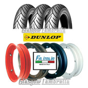 Set 3 x Dunlop Scootsmart 350 x 10 Tyres + Inner Tubes Fitted to FA Italia Vespa Split Rims