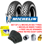 Set of 2 x Michelin S83 3.50 x 10 Tyres + Airstop Tubes + Free Valve Spanner + Dust Caps