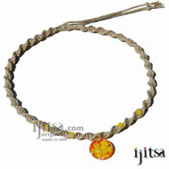 Natural Twisted Hemp, Yellow  Glass Beads with Yellow Flower Glass Pendant Surfer Style Choker Necklace