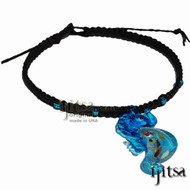 Black flat hemp, blue glass beads with Blue Seahorse Glass Pendant Surfer Style Choker Necklace