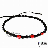 Black Twisted Hemp Red Resin Beads Surfer Style Choker Necklace