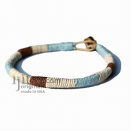 Leather Bracelet or anklet wrapped with Sky Blue, white and brown hemp