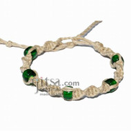 Natural twisted hemp bracelet or anklet with green glass beads