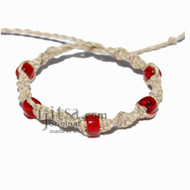 Natural twisted hemp bracelet or anklet with red glass beads