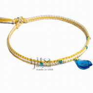Yellow white flat hemp necklace light blue leaf glass pendant