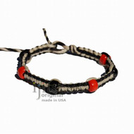 Black and natural flat hemp bracelet or anklet with black and red glass beads